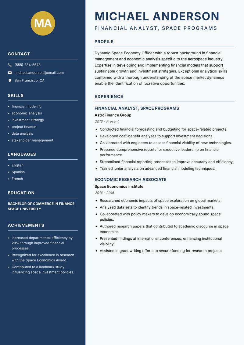 Space Economy Officer resume sample — Financial Analyst, Space Programs focus