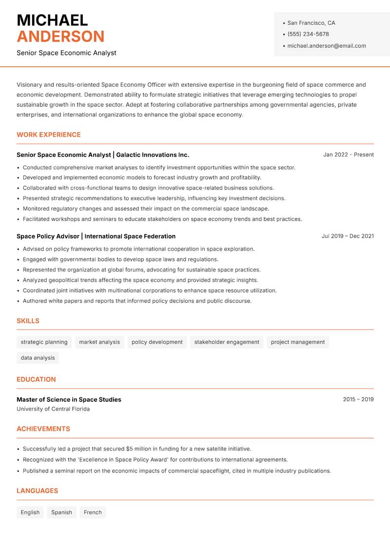Space Economy Officer resume sample — Senior Space Economic Analyst focus