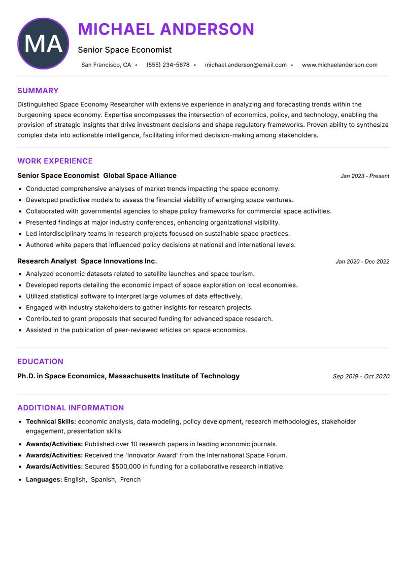 Space Economy Researcher resume example