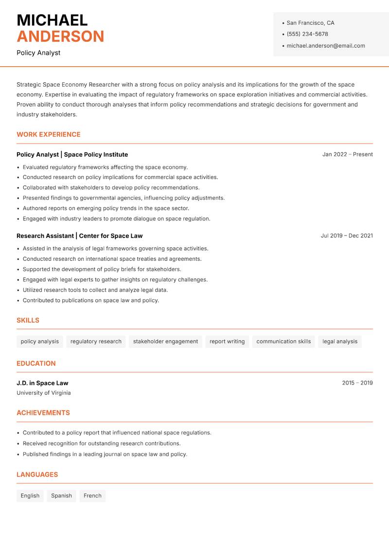 Space Economy Researcher resume sample — Policy Analyst focus