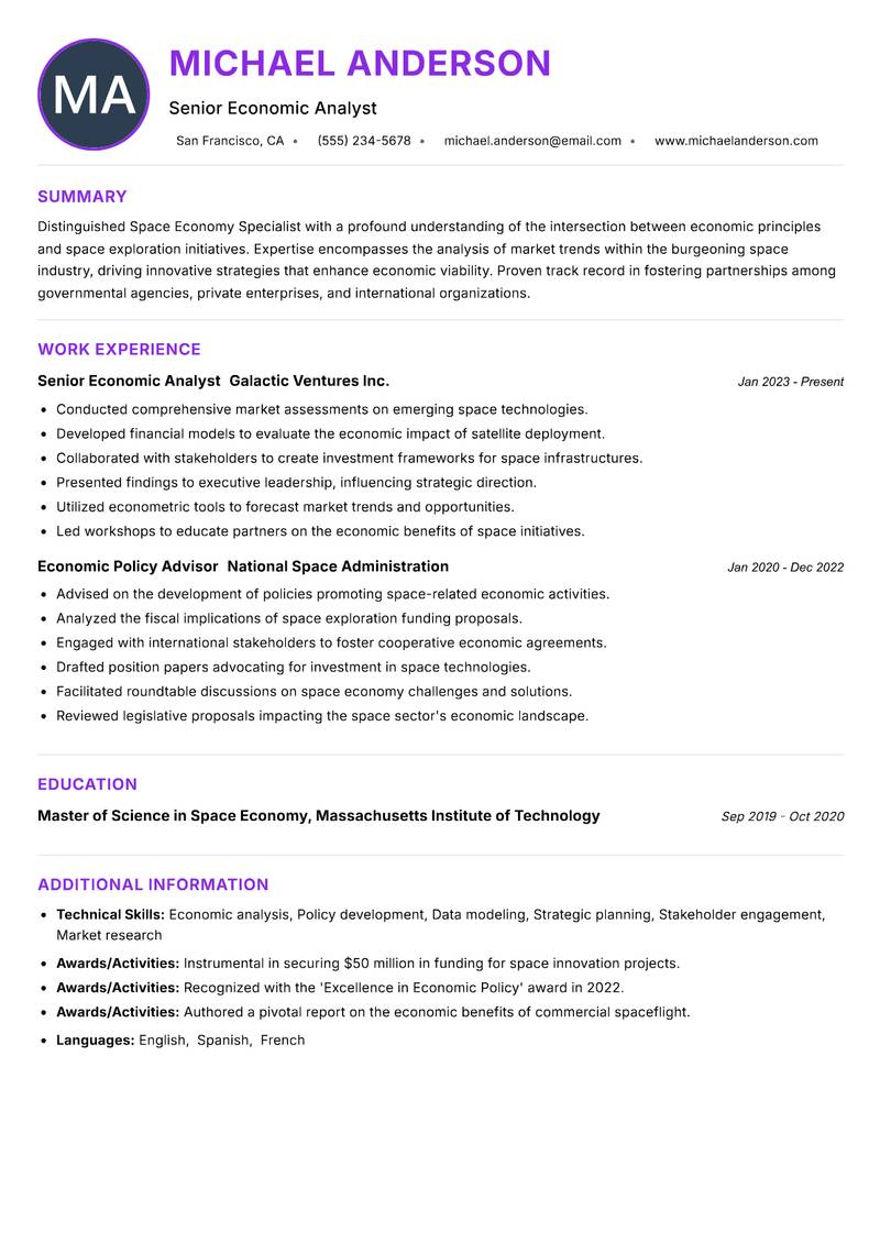Space Economy Specialist resume example