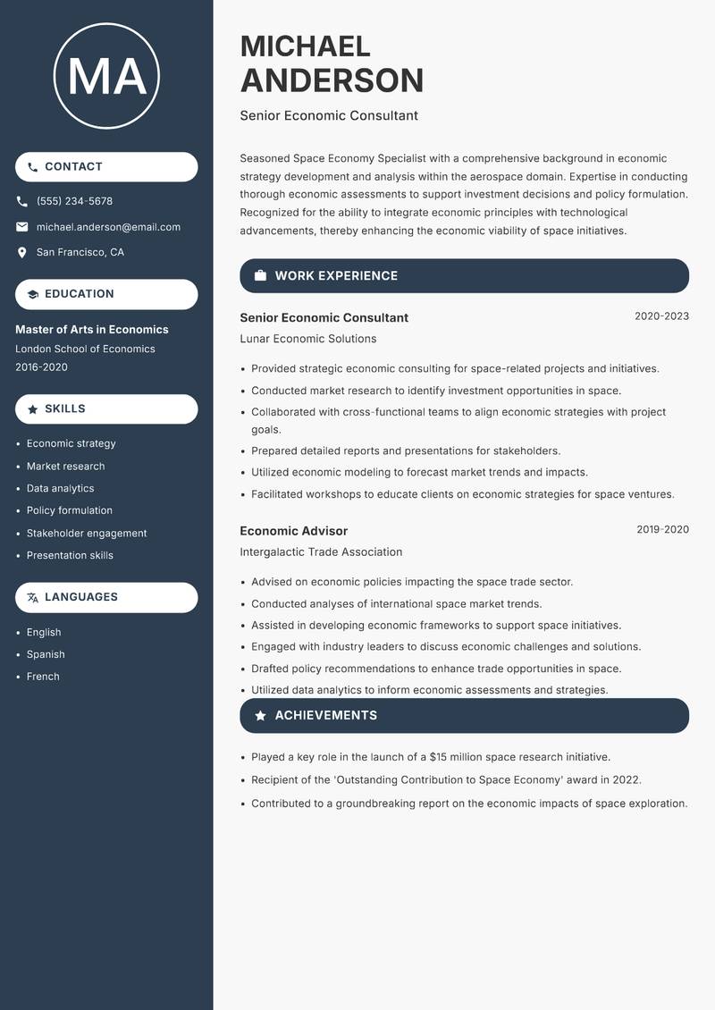 Space Economy Specialist resume sample — Senior Economic Consultant focus