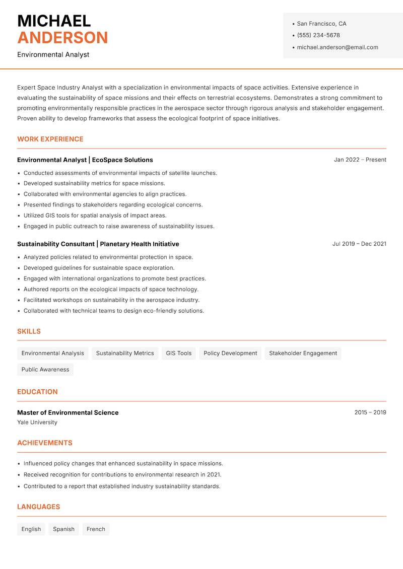 Space Industry Analyst resume sample — Environmental Analyst focus
