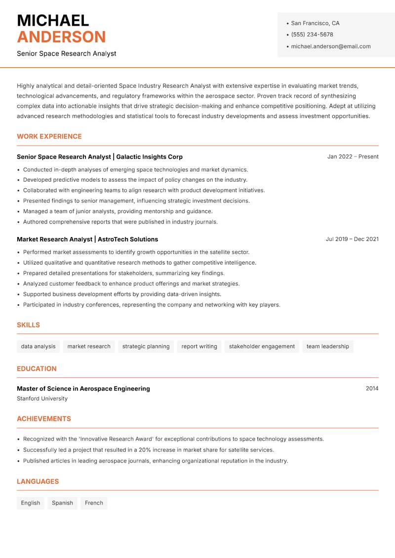Space Industry Research Analyst resume sample — Senior Space Research Analyst focus