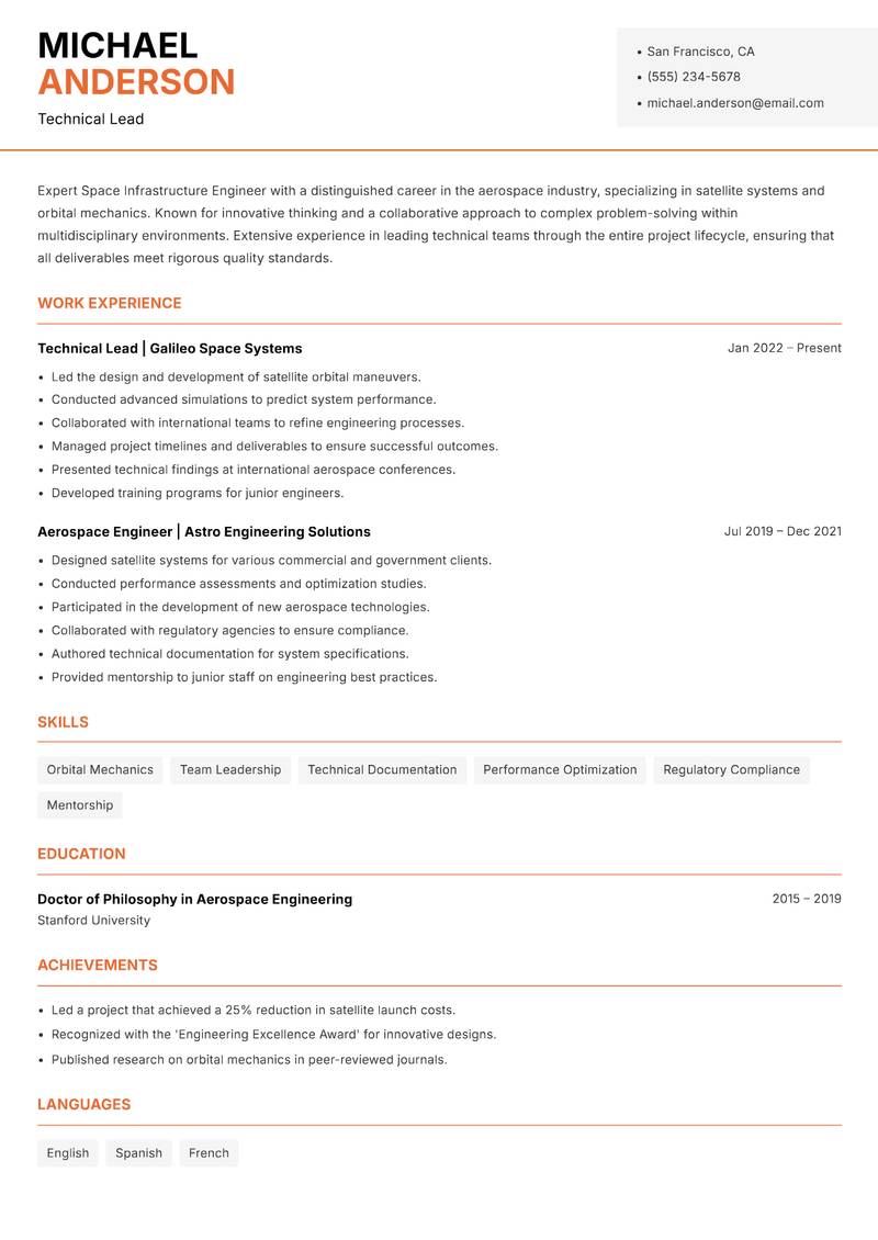Space Infrastructure Engineer resume sample — Technical Lead focus
