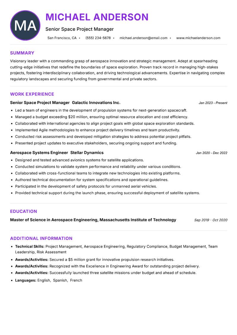 Space Innovation Manager resume example