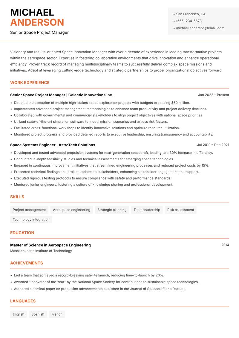 Space Innovation Manager resume sample — Senior Space Project Manager focus