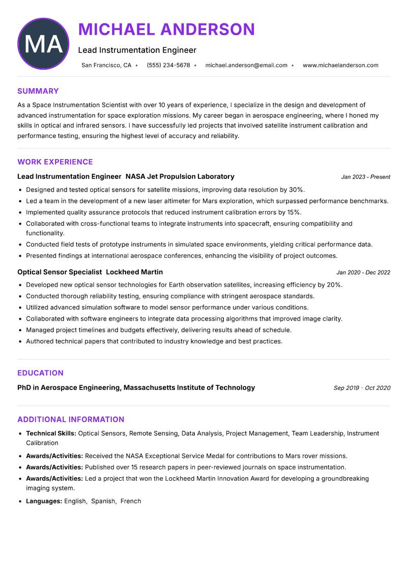 Space Instrumentation Scientist resume example