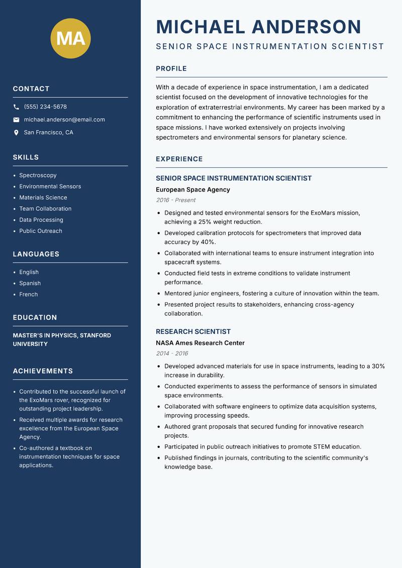 Space Instrumentation Scientist resume sample — Senior Space Instrumentation Scientist focus