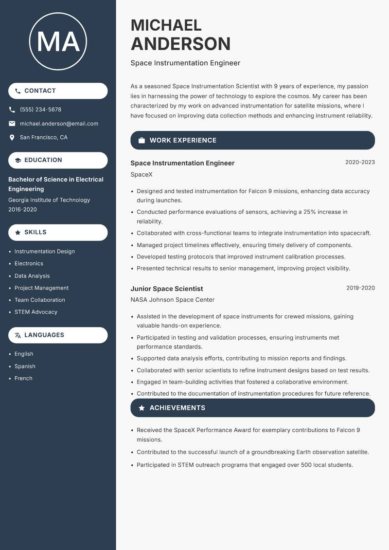 Space Instrumentation Scientist resume sample — Space Instrumentation Engineer focus