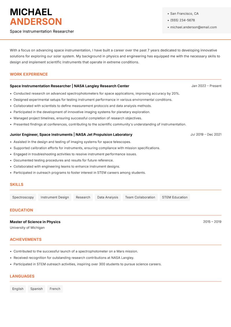 Space Instrumentation Scientist resume sample — Space Instrumentation Researcher focus