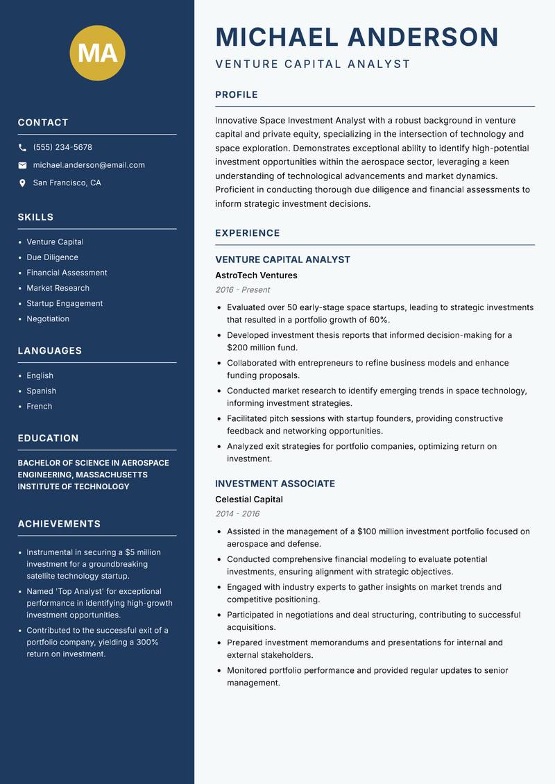 Space Investment Analyst resume sample — Venture Capital Analyst focus