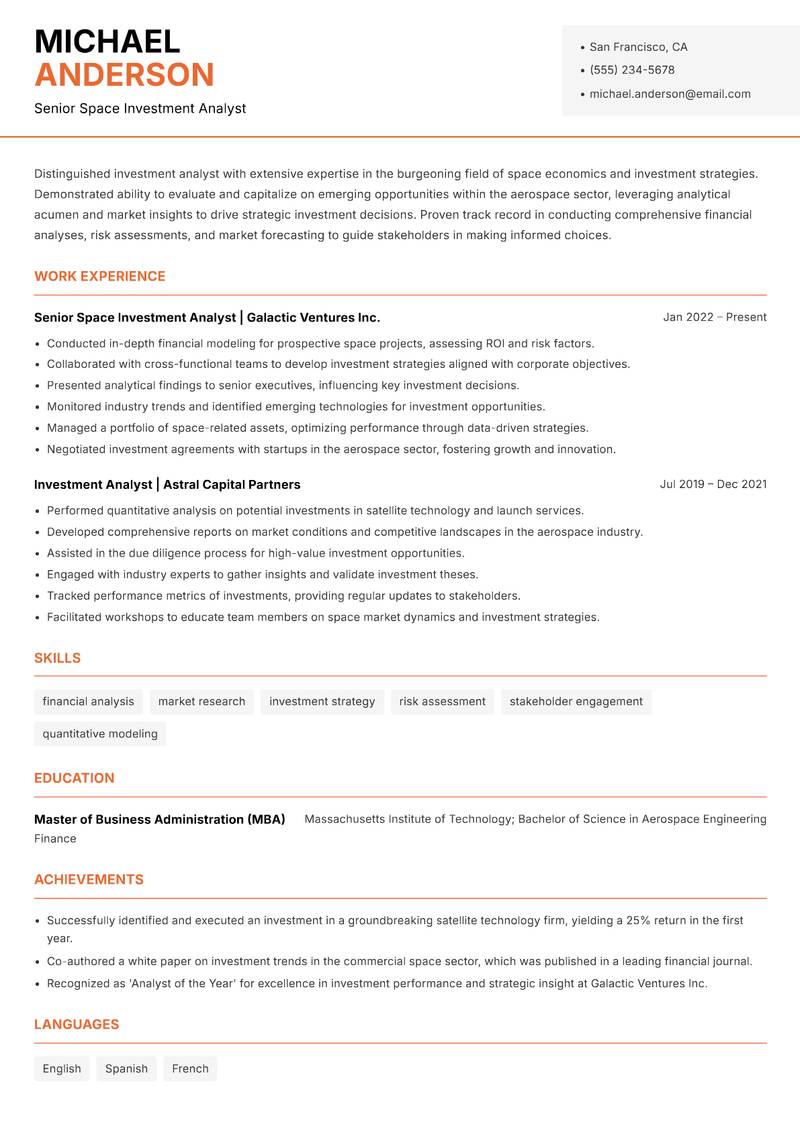Space Investment Analyst resume sample — Senior Space Investment Analyst focus
