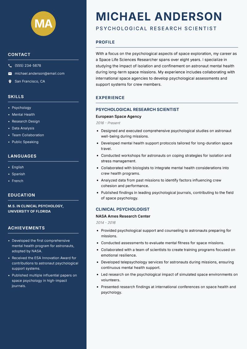 Space Life Sciences Researcher resume sample — Psychological Research Scientist focus