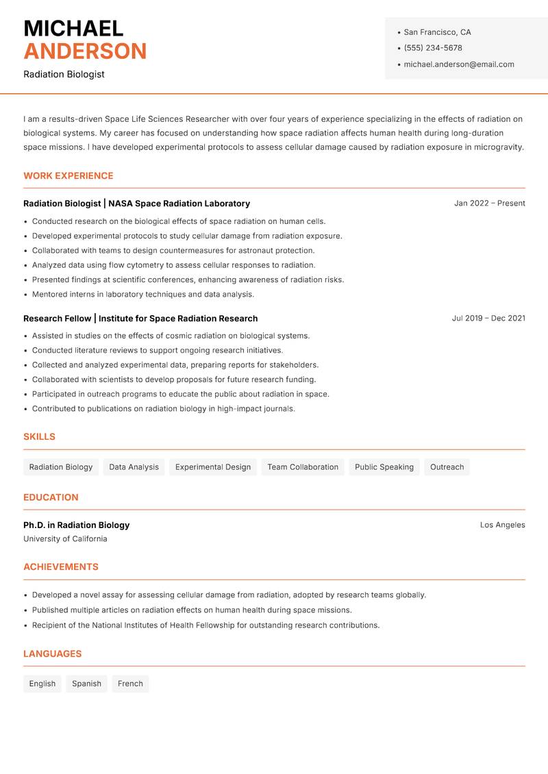 Space Life Sciences Researcher resume sample — Radiation Biologist focus