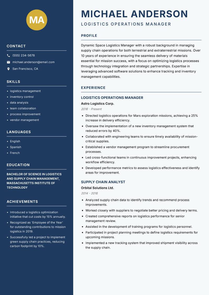 Space Logistics Manager resume sample — Logistics Operations Manager focus