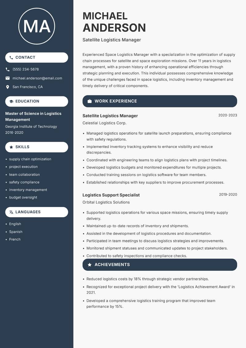 Space Logistics Manager resume sample — Satellite Logistics Manager focus