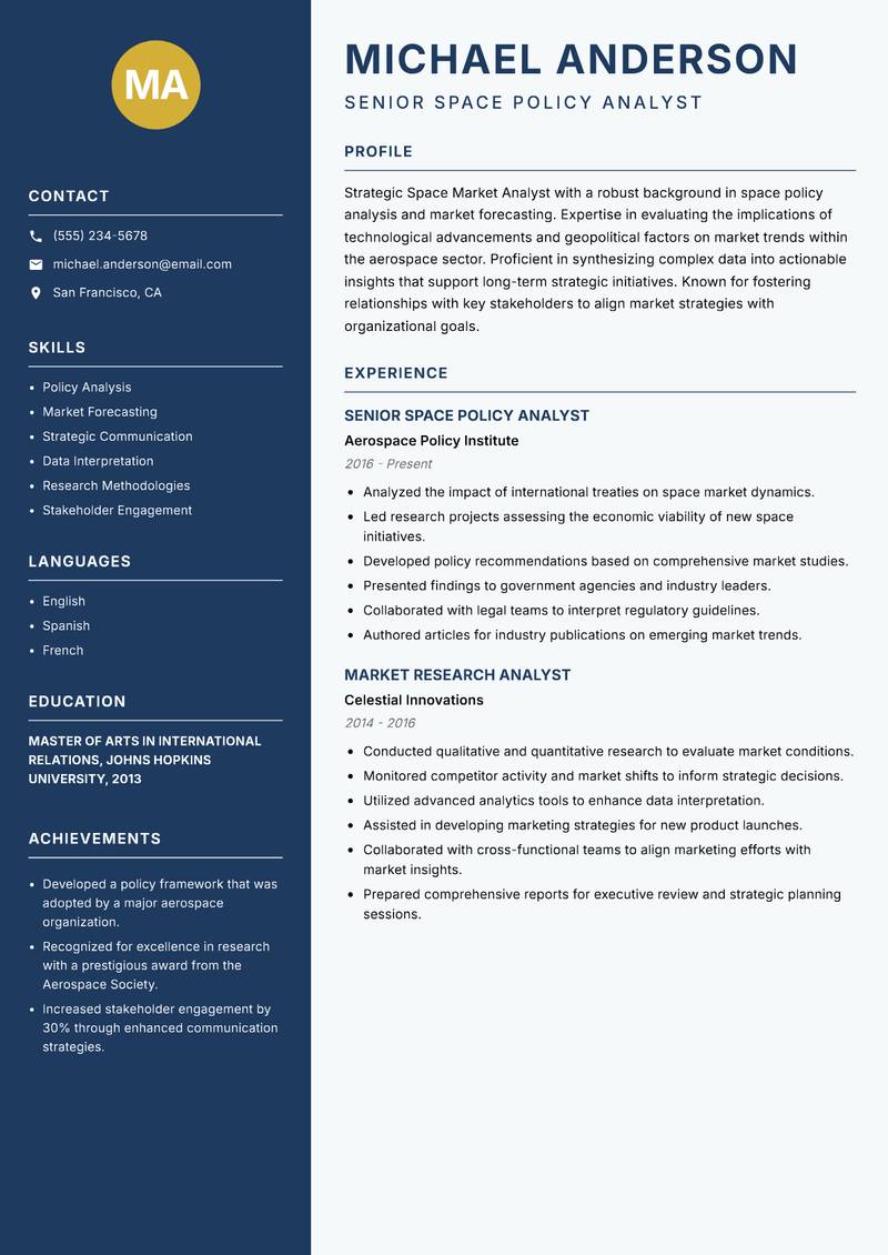 Space Market Analyst resume sample — Senior Space Policy Analyst focus