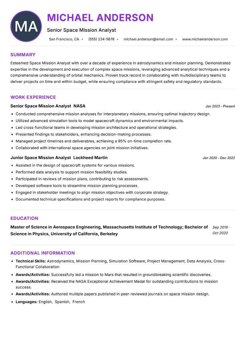 Space Mission Analyst resume example