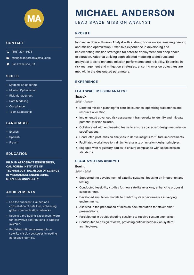 Space Mission Analyst resume sample — Lead Space Mission Analyst focus