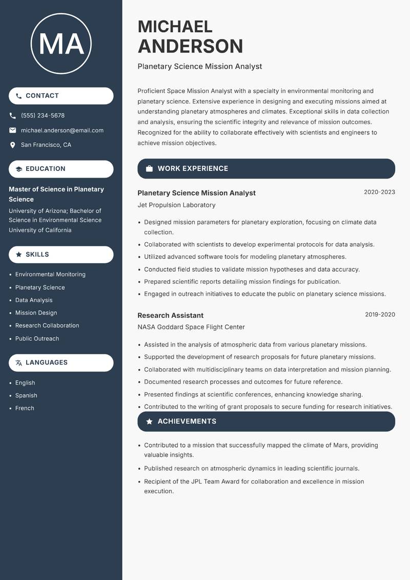Space Mission Analyst resume sample — Planetary Science Mission Analyst focus