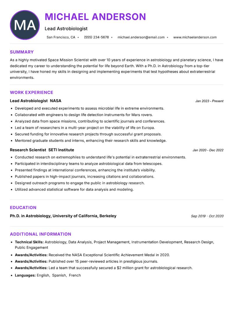 Space Mission Scientist resume example