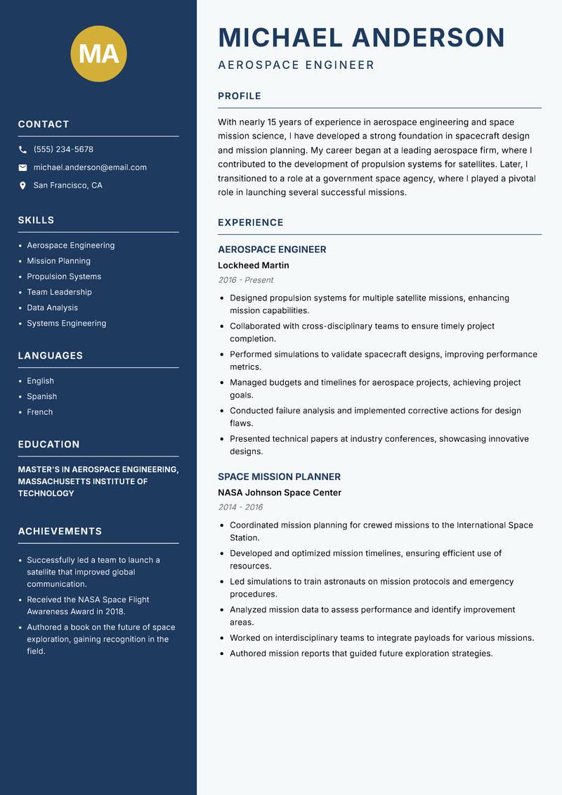 Space Mission Scientist resume sample — Aerospace Engineer focus