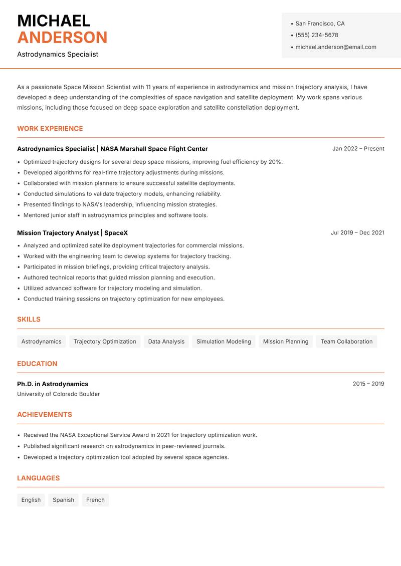 Space Mission Scientist resume sample — Astrodynamics Specialist focus