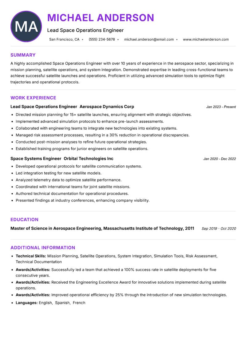 Space Operations Engineer resume example