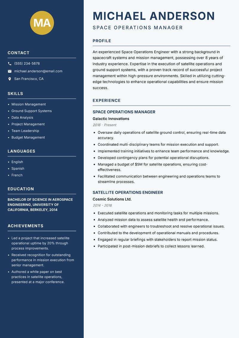Space Operations Engineer resume sample — Space Operations Manager focus