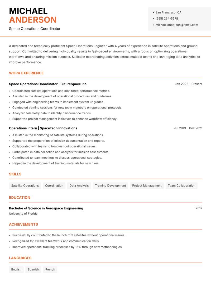 Space Operations Engineer resume sample — Space Operations Coordinator focus