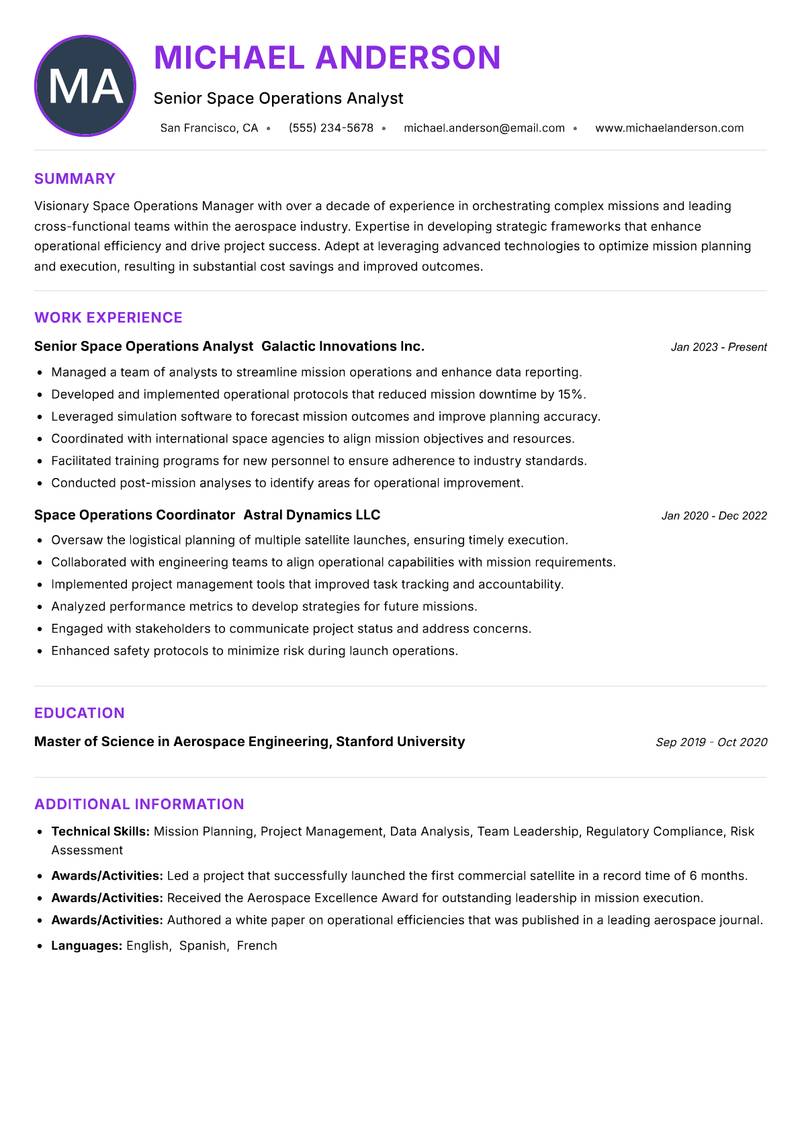 Space Operations Manager resume example