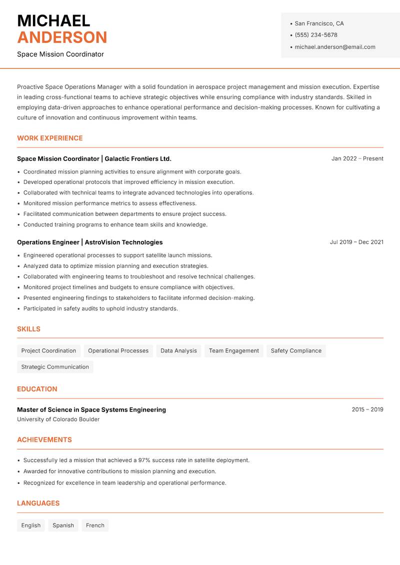 Space Operations Manager resume sample — Space Mission Coordinator focus