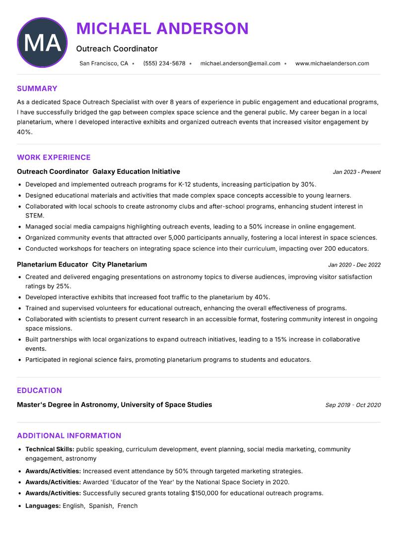 Space Outreach Specialist resume example