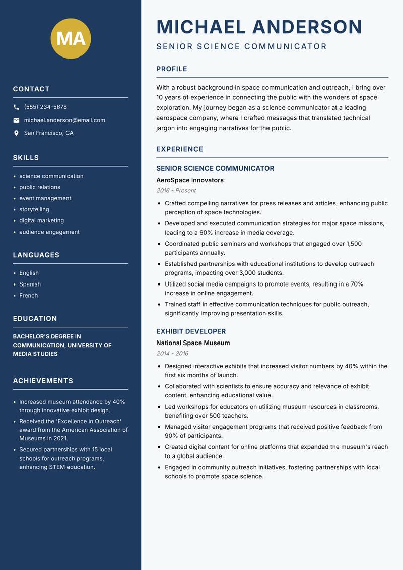 Space Outreach Specialist resume sample — Senior Science Communicator focus