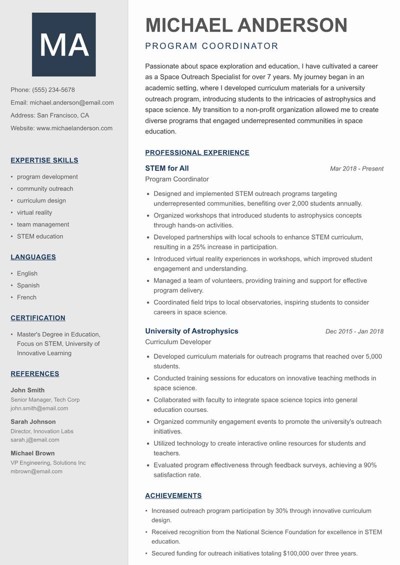 Space Outreach Specialist resume sample — Program Coordinator focus