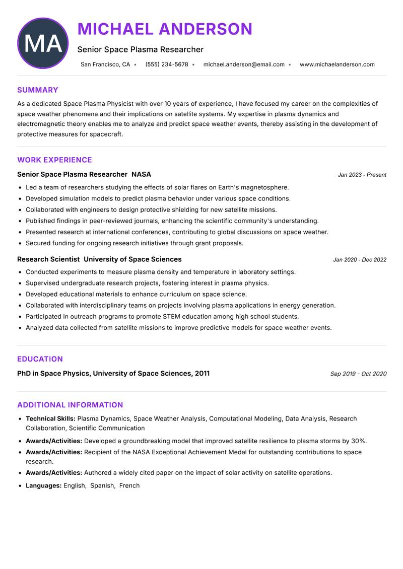 Space Plasma Physicist resume example