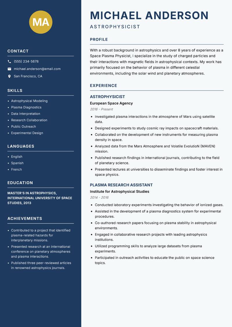 Space Plasma Physicist resume sample — Astrophysicist focus