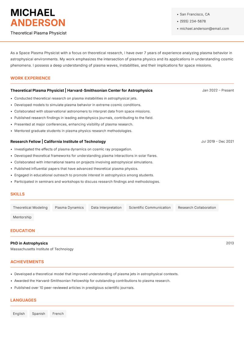 Space Plasma Physicist resume sample — Theoretical Plasma Physicist focus