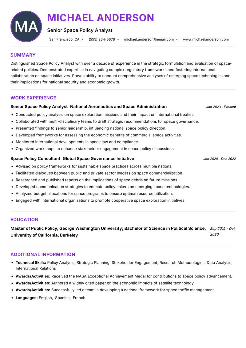 Space Policy Analyst resume example