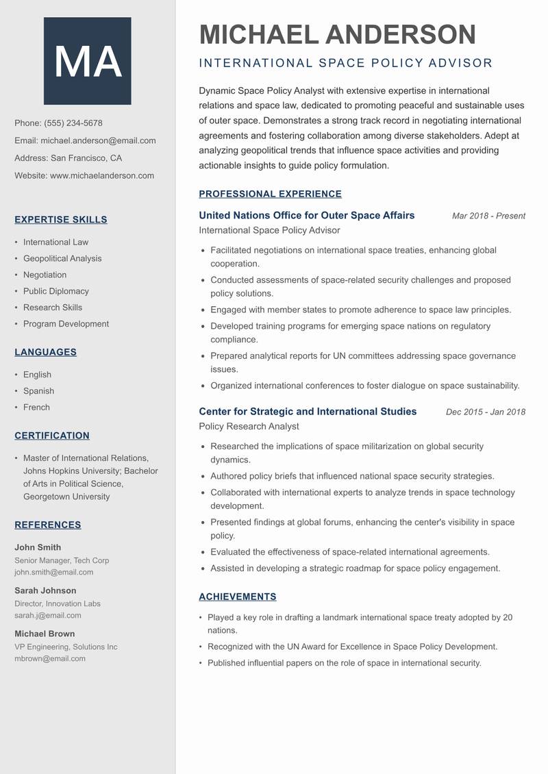 Space Policy Analyst resume sample — International Space Policy Advisor focus