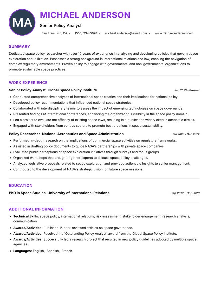 Space Policy Researcher resume example