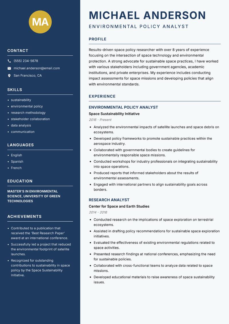 Space Policy Researcher resume sample — Environmental Policy Analyst focus