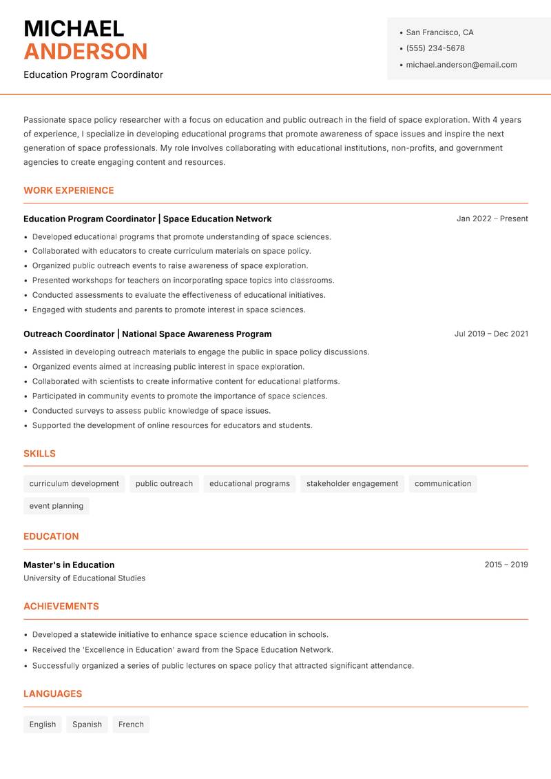 Space Policy Researcher resume sample — Education Program Coordinator focus