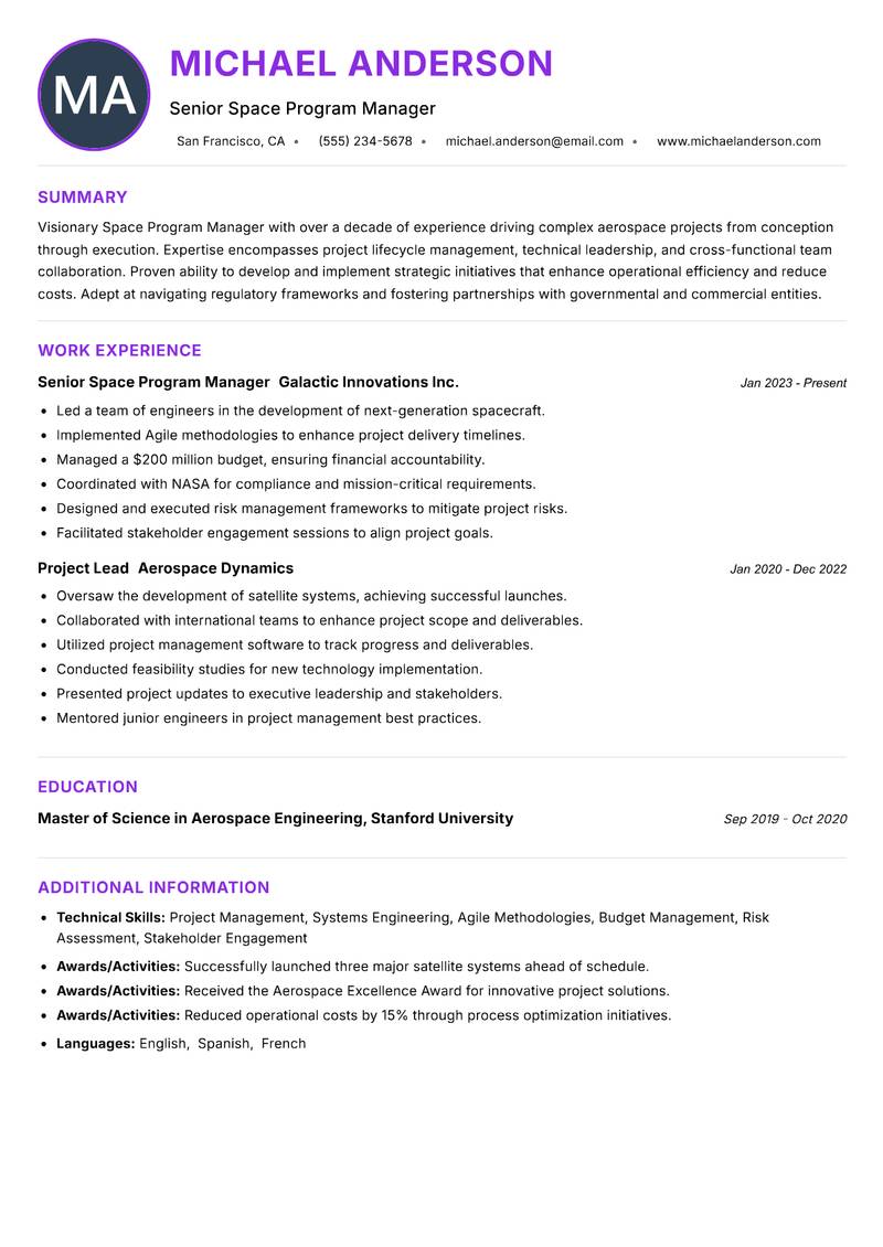 Space Program Manager resume example