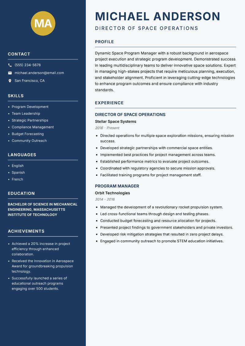Space Program Manager resume sample — Director of Space Operations focus