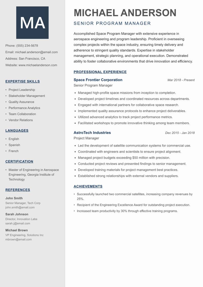 Space Program Manager resume sample — Senior Program Manager focus