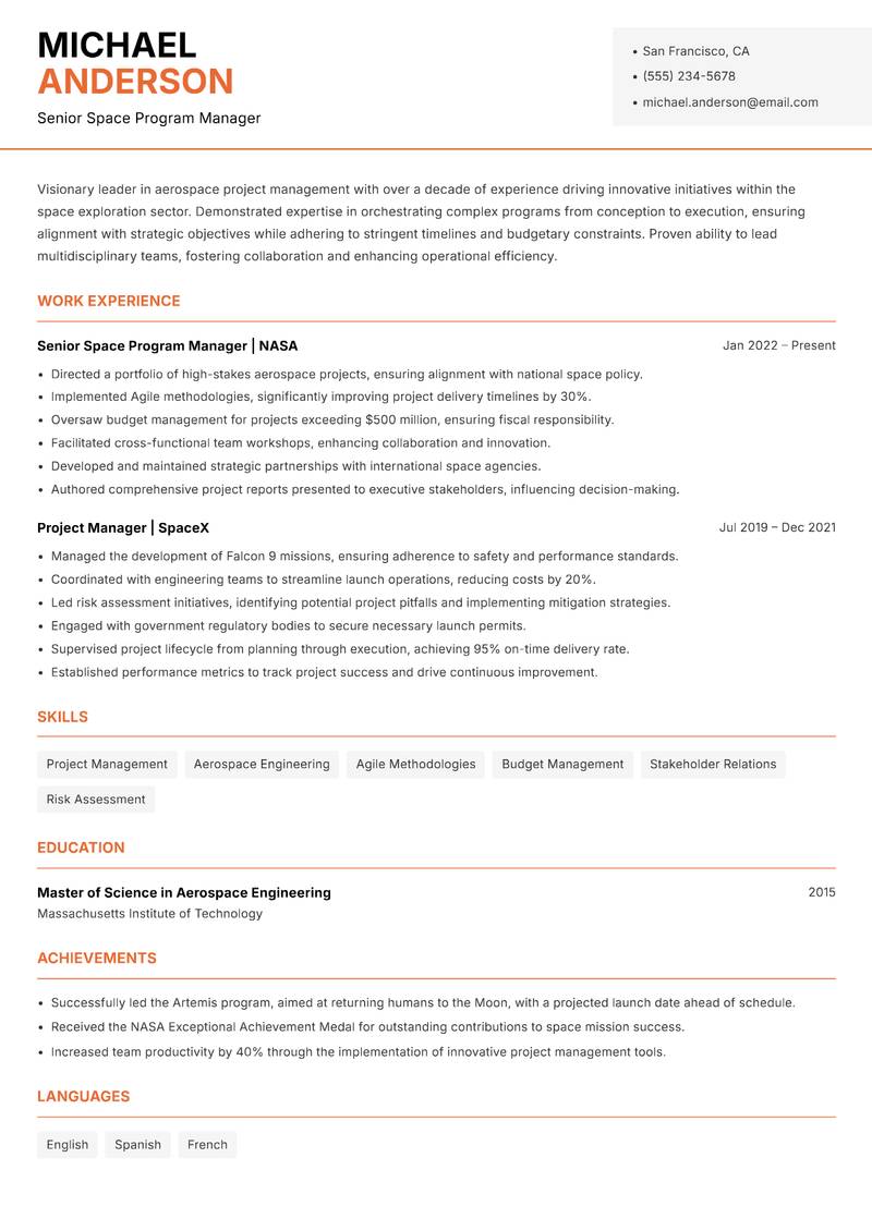 Space Program Manager resume sample — Senior Space Program Manager focus