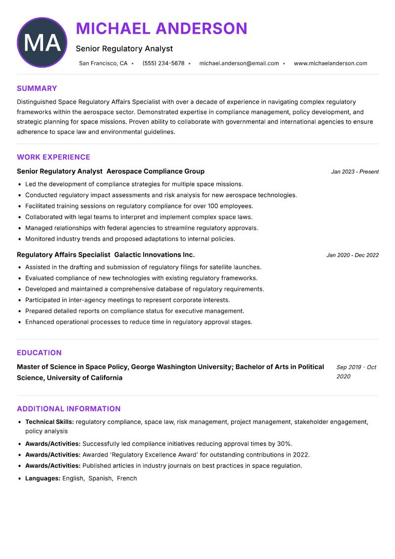 Space Regulatory Affairs Specialist resume example