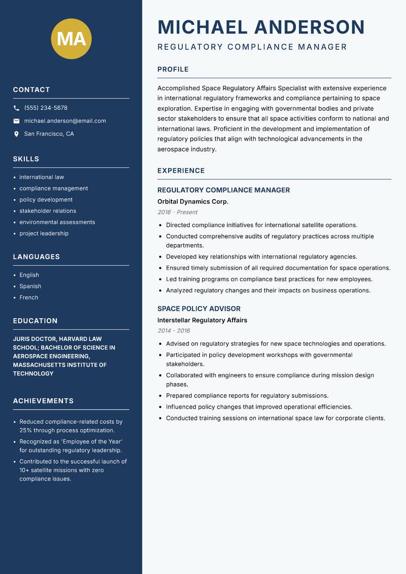 Space Regulatory Affairs Specialist resume sample — Regulatory Compliance Manager focus